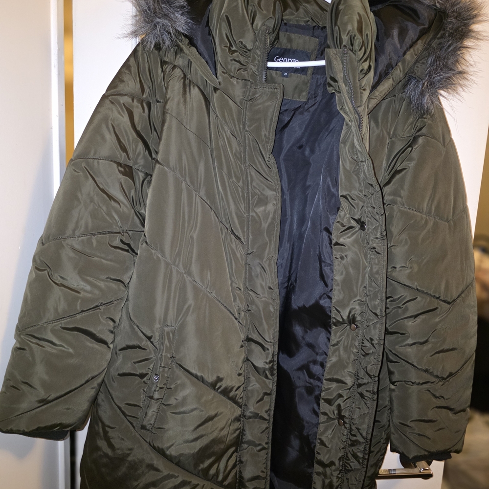 Geoege Olive Puffer Coat with Faux Fur Hood